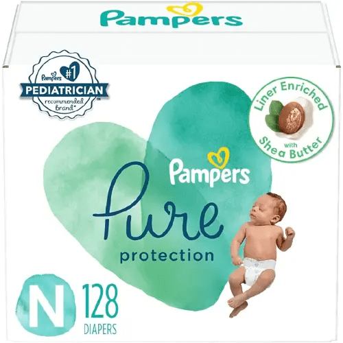 Diapers Size 0, 128 Count - Pampers Pure Protection Disposable Baby Diapers, Hypoallergenic and Unscented Protection, Enormous Pack (Packaging & Prints May Vary)