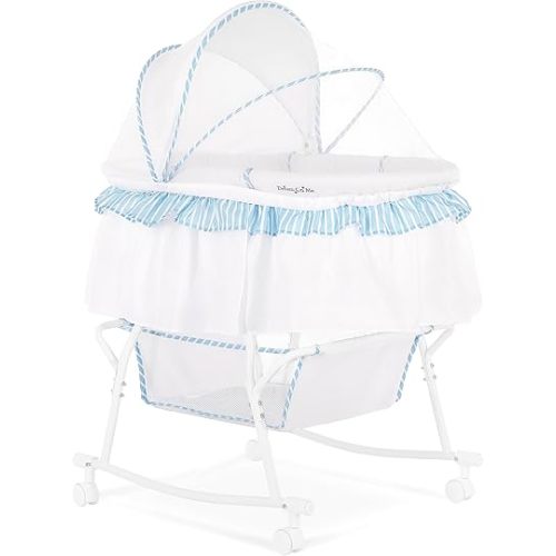 Dream On Me Lacy Portable 2-in-1 Bassinet & Cradle with Full Canopy, Storage Basket, Locking Wheels, Lightweight Frame, BSA Certified, Includes 1” Mattress Pad-Pink an White
