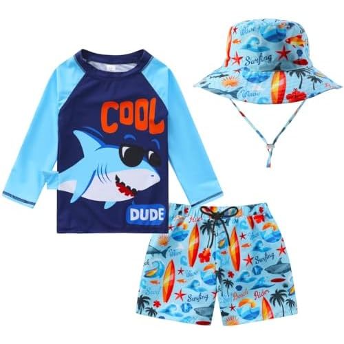 Toddlers and Baby Boys' 3-Piece Swimsuit Trunk and Rashguard Sun Hat Set
