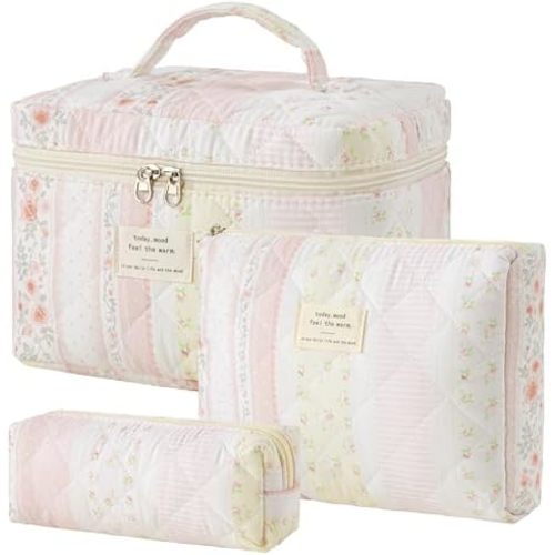 HBselect Quilted Makeup Bag, 3PCS Cotton Large Travel Makeup Bag, Cute Floral Coquette Make up Bag Cosmetic Bag Toiletry Bag for Women Girls