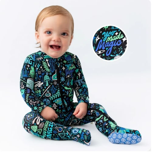 Bamboo Footie Zipper Baby Pajama - Mystic Mama Blue Bamboo Onesie Sleeper - You Made Magic Affirmation – Raising Mama