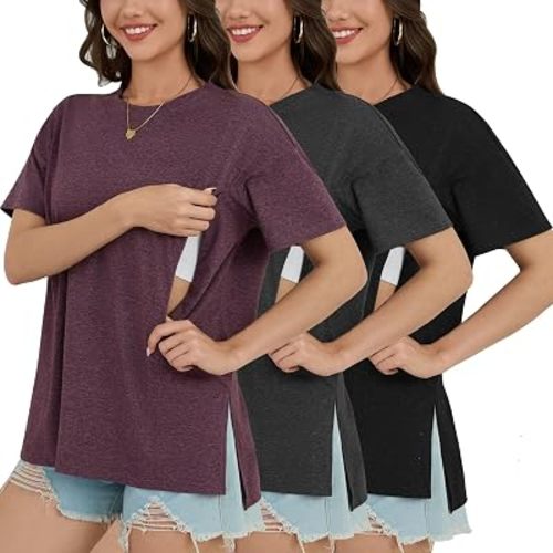 Women's Oversized Nursing Shirts for Breastfeeding with Hidden Zipper Short Sleeve Maternity Tops with Side Slits