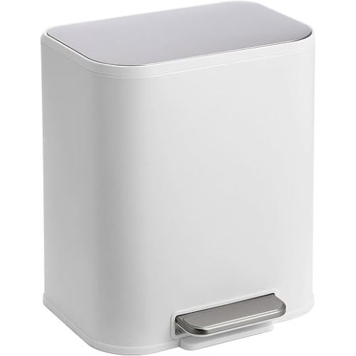 Kitchen Trash Can, 5.3 Gallon Stainless Steel Garbage Can with Soft Close Lid Foot Pedal & Removable Inner Bucket, Rectangular Step On Waste Bin for Office Bedroom (Matte White)