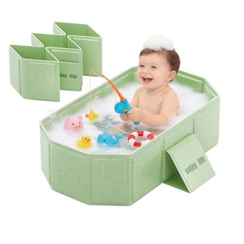 IcyByte Baby Collapsible Bathtub for Newborns to Toddlers, Foldable and Portable, Kids Bath Tub with Non-Slip Base, Easy Storage for Travel & Small Spaces, Graffiti Green