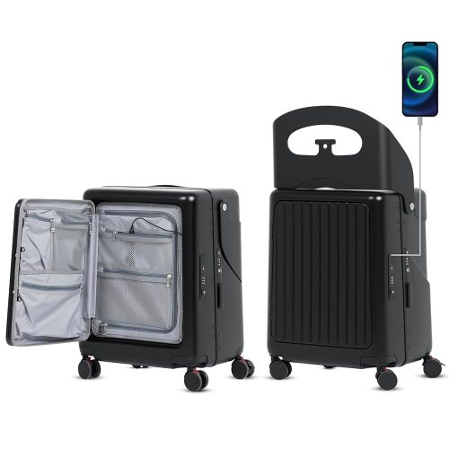 smilesun 20" Carry On Luggage with Seat For Kids & Adults，Hardside Ride On Suitcase Front Opening with 360°Spinner and TSA Lock For Travel (Black with Front Open, 20")