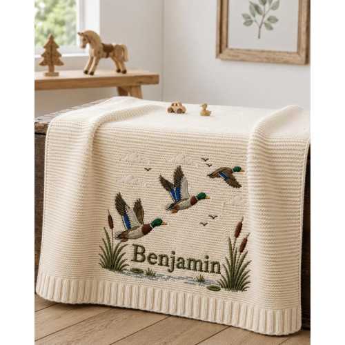 Custom Mallard Duck Fly Embroidered Baby Blanket, Personalized Name Safari Knit Throw, Hunting Wooden Lover Keepsake, Baby Shower Gift