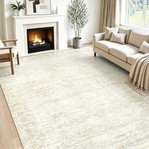 8x10 Area Rugs, Beige Washable Geometric Boho Rug for Living Room, Bedroom