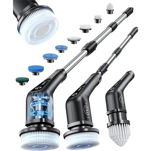 Leebein Electric Spin Scrubber, Cordless Bathroom Cleaning Brush with 8 Replaceable Brush Heads, 54 Inch Long Handle and Dual Speed Control Power Scrubber for Bathtub Floor Cleaning