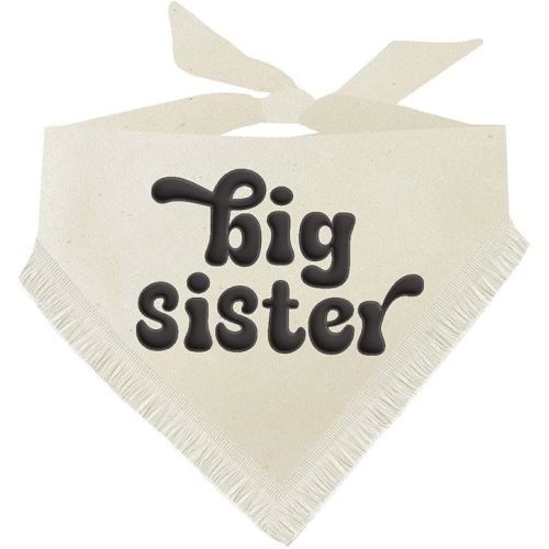 Big Sister Dog Bandana | Made in USA | Puff Ink Printed | Boho Fringe | 100% Cotton Adjustable Triangle | Pregnancy Announcement Photoshoot Prop | Gender Reveal | Natural One Size (Trim 1/Puff 21)