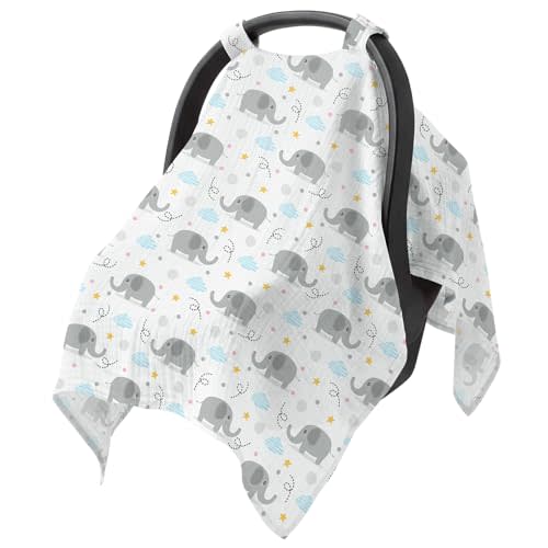 Baby Car Seat Cover - 100% Muslin Cotton Universal Breathable Canopies for Boys and Girls Soft Spring Summer Car Seat Cover Lightweight Infant Car Seat Canopy - Gray Elephants