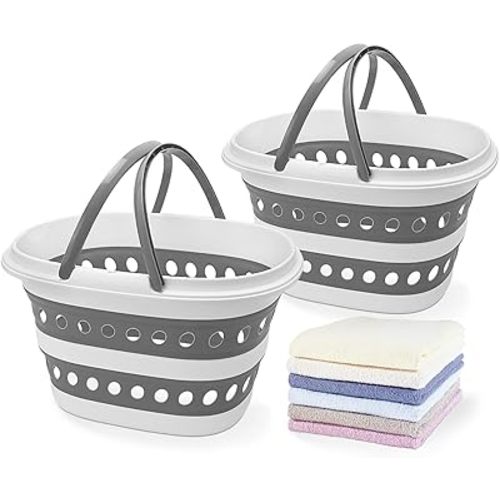 2 Pack Compact Collapsible Laundry Basket, Small Size Pop-Up Hamper Perfect for Bedroom Side,Bathroom,Travel, Not for Large Families, Foldable with Handle, Measures 16 x 12.5 x 9.5 In, (Gray)