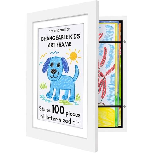 Americanflat Kids Artwork Frame Changeable (White) - Magnetic Door Holds 100 Art Pieces - 8.5x11 Letter Size Display with Mat or 10x12.5 Without Mat - My Mini Masterpiece