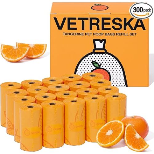 VETRESKA Citrus Scented Dog Poop Bags, Leak Proof, Extra Thick and Large Pet Waste Bags for Dogs Walking, Cat Litter and Babies' Diaper, 300 Count Bags (20 Refill Rolls), Orange