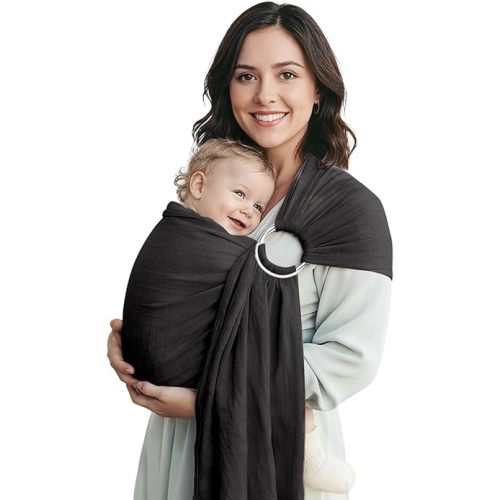 Baby Ring Sling Wrap, Lightweight Baby Carrier Sling Toddler Sling, Cotton Baby Wraps Carrier (7-35 lbs) for Infants and Toddlers, Baby Shower Gifts, Black