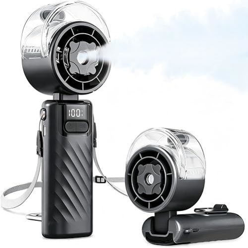 Handheld Misting Fan, Portable Personal Fan with 5 Speed, Adjustable Angle Mini Cooling Fan with Lanyard, USB-C Charging Small Fan for Outdoor Camping Travel Office Makeup-Black