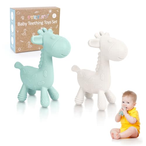 TYRY.HU Baby Teething Toys for Babies 0-6 6-12 Months,BPA Free Silicone Giraffe Teethers for Babies 3-6 Months, Soft-Textured Chew Toys Sensory Toys Massaging Teething Relief for Boys Girls,2 Pack