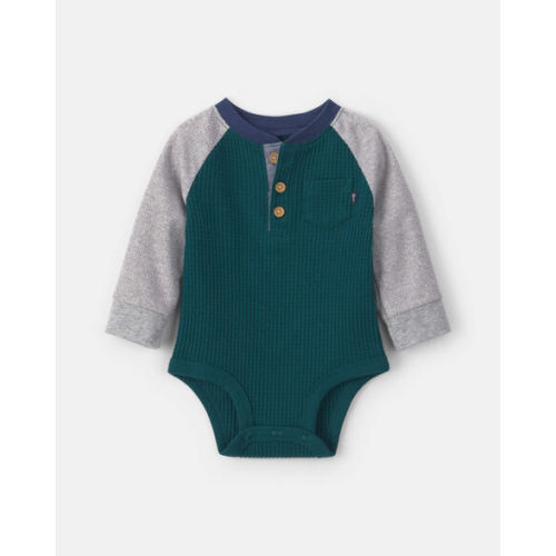 Baby Boy Waffle Knit Long-Sleeve Henley Bodysuit - Green - OshKosh B'gosh | Carter's