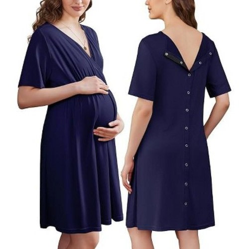 Ekouaer Labor and Delivery Gown for Hospital Short Sleeve Maternity Nursing Dress Nightgown with Button Navy Blue L
