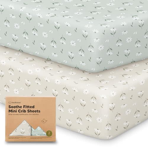 2-Pack Mini Crib Sheets Fitted - 38x26 Pack N Play Sheets for Pack and Play Mattress, Organic Cotton, Soft & Breathable Playard Bedding, Neutral Mini Toddler Bed Cover for Boys, Girls (Daisies)
