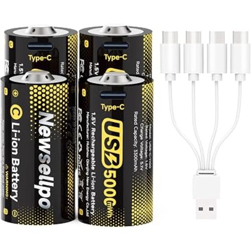 Rechargeable C Batteries 4 Pack, 1.5V 5000mWh Lithium C Size Battery LR14 C Cell with 4-in-1 USB-C Charging Cable, for Flashlights, Radios, Toys, Remote Controls & High-Drain Devices