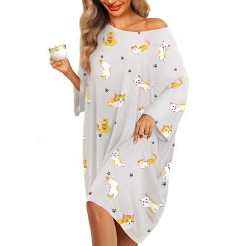 KFUBUO Plus Size Nightgowns for Women Oversized Sleep Tshirts Dress Short Sleeves Sleepwear With Pocket Fit S-5XL