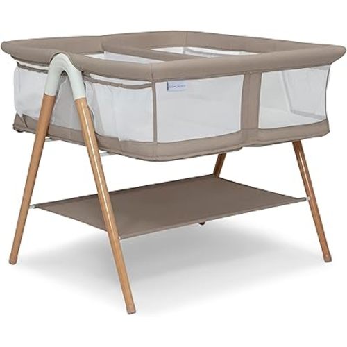 Delta Children Bondi Beechwood Twin Bassinet with PureAir Breathable Mesh Sheet and FSC-Certified Wood, Tan