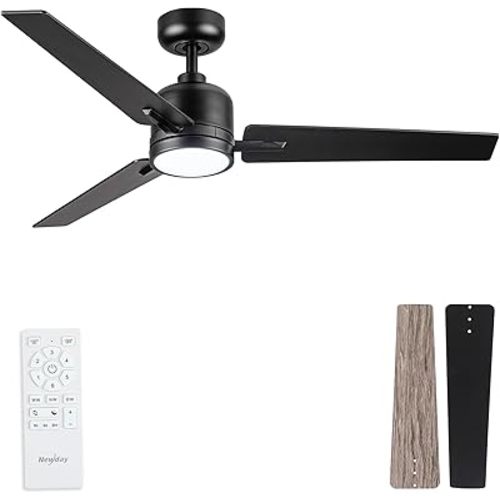 Newday 48 Inch Ceiling Fans with Lights Remote, Black Ceiling Fans Dimmable 3 Color Temperature, Timer, 3 Blades, 6 Speed Modern Fan Quiet Reversible DC Motor for Indoor or Covered Outdoor