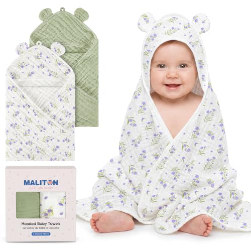 Maliton 2-Pack Hooded Baby Towels, Baby Essentials & Newborn Essentials - 100% Muslin Cotton Baby Bath Towels, Ultra-Soft & Absorbent (32" x 32", Green&Rabbit)