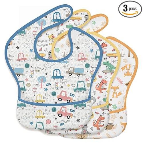 3-Pack Baby Feeding Bibs | Waterproof Stain-Resistant 3D Food Catcher, Soft Lightweight Design for Baby-Led Weaning, Infants & Toddlers 3-24 Months Digger Dinosaur