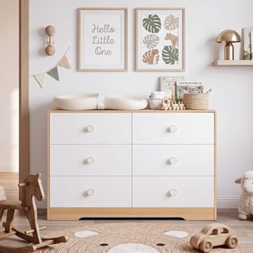 White Dresser for Bedroom, 6 Drawer Dressers with Solid Wood Legs, Baby Dresser for Kids, Storage for Clothes and Baby Essentials