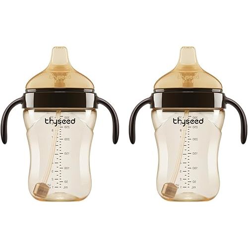 Thyseed Spill-Proof Weighted Straw Sippy Cup, Baby Transition Trainer, Soft Silicone Spout, BPA-Free, 6m+, 10 oz, 2 Pack