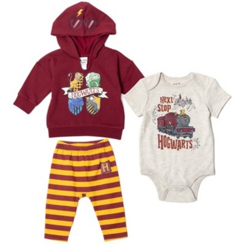 Harry Potter Newborn Baby Boys Fleece Pullover Hoodie Bodysuit and Pants 3 Piece Outfit Set Maroon 0-3 Months