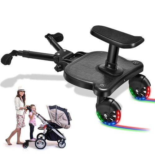 Universal Buggy Board with Wheels and Lights, Pushchair Jogger Travel Pram, Sitting and Standing Double Stroller Glider Board, Foldable Toddler Stroller Board, Baby Travel Accessories for Prams