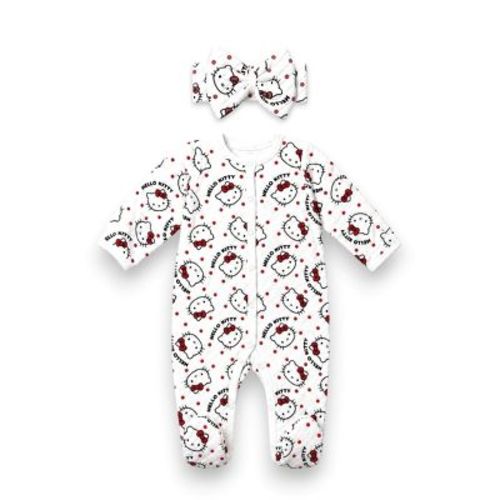 Hello Kitty Baby Girls' 2-Piece Footed Coverall With Bow Headband, White, 3 Months