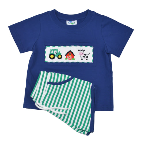 Farm Set- Hand Smocked Tractor, Cow, Barn Shirt and Shorts Set