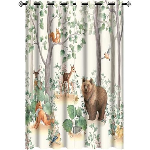 Rustic Woodland Blackout Curtains for Bedroom,Cute Country Lodge Cabin Forest Animals Bear Deer Fox Room Darkening Window Curtains with Grommets - 2 Panels 63L x 21W