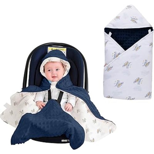 LAT LEE AND TOWN Winter Baby Car Seat Blanket-Universal CarSeat Covers for Babies,Thicken Warm Swaddle Blankets for Infants Newborn,Baby Bunting for Stroller,35"x35"(Car Dinosaur+Dark Blue)