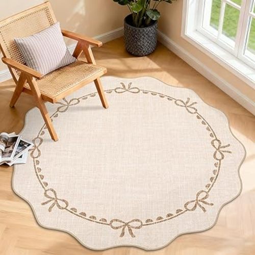 GarveeHome Scalloped Bow Rug for Living Room, 4ft Round Rugs Washable Solid Beige Rug for Dorm Soft Low Pile Non Slip Scalloped Rugs for Nursery Bedroom Decor Kids Room Playroom