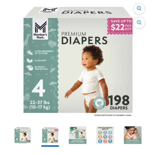 Member's Mark Premium Baby Diapers, Sizes 4