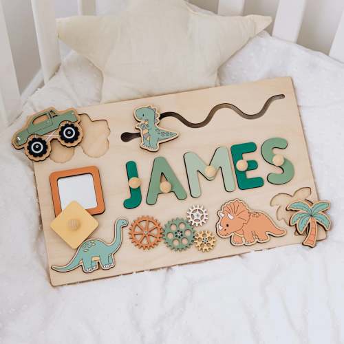 Personalized Themed Busy Board for Toddlers – Dino, & Woodland Wooden Toy