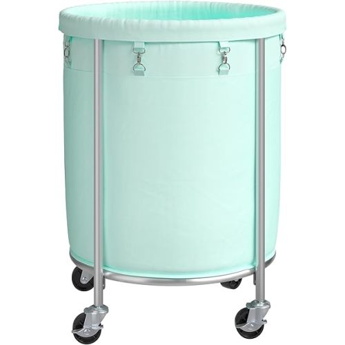 ELYKEN Laundry Basket with Wheels, 170L Rolling Laundry Hamper with Removable Bag and Steel Frame, Round Laundry Cart with 4 Casters and 2 Brakes, Ideal for Bedroom, Bathroom, Laundry Room, Mint Green