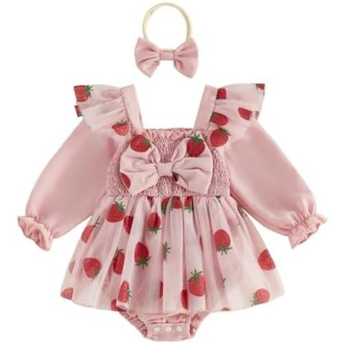 PUHHAPIEY Newborn Baby Girl Clothes Strawberry Long Sleeve Dress Romper