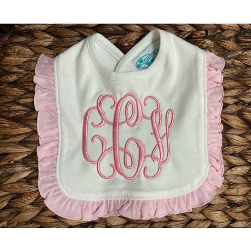 Monogram Baby Bib- White and Pink Ruffle Baby Bib- Baby Bib- Personalized Baby Bib, Baby Shower Gift, Baby Girl Bib, Bibs, Personalized Gift