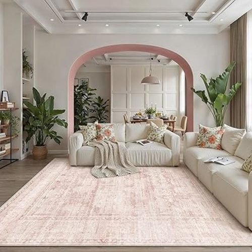 HUGEAR Retro 8x10 Washable Area Rugs Pink Nursery Living Room Bedroom Rug Vintage Distressed Throw Carpet Neutral Stain Resistant Non Slip Low Pile Playroom Kidsroom Home Aesthetic Decor