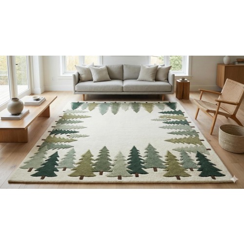 Plush Pine Tree Area Rug, Minimalist Scandinavian Woodland Carpet