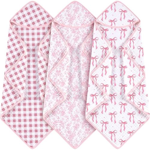 Hahafelt 3 Pcs Pink Bow Flowers Checkered Baby Hooded Towels for Newborn 100% Muslin Cotton Baby Bath Towel with Hood for Babies Infant Toddler and Kids Large 32x32inch Soft Absorbent Kids Gift