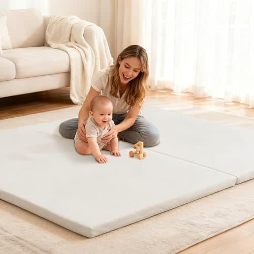 Baby Play Mat for Floor 1.4" Thick Memory Foam 50x50 Playpen Mat for Toddlers Infant Kids with Non-Slip Backing Safe for Crawling, Water-Repellent Leather for Tummy Time, Tatami Style(Grey)