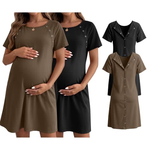 Huukeay 2 Pack Labor and Delivery Hospital Gown | Women Nursing Birthing Maternity Dress, 3 In1 Breastfeeding Nightgown, Buttons, Pjs Robe, Short Sleeve, Sleepwear