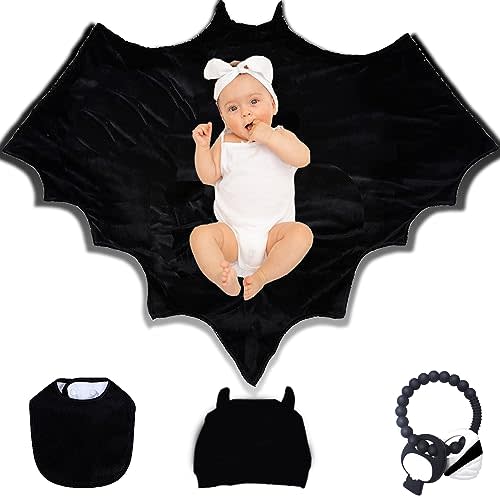 Multi-Use Bat Baby Blanket Set - Black Hat with Ears, Bib, and Swaddle - Witch, Goth & Spooky Themed Baby Stuff (4PCS)