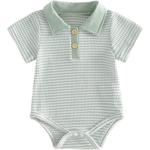 VISGOGO Baby Boy Striped Romper Waffle Short Sleeve Button Oversized Bodysuit Summer Baby Collared Onsie Polo Shirt Clothes